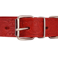 Genuine Tooled Leather Dog Collar Floral Pattern Red 3 Sizes
