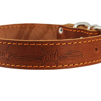 Genuine Leather Dog Collar Barb Wire Pattern Brown 4 Sizes