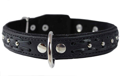 Genuine Leather Braided Studded Dog Collar, Black 1.25