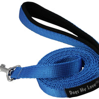 Dogs My Love 6ft Long Neoprene Padded Handle Nylon Leash 4 Sizes Blue