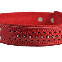 Genuine Leather Braided Studded Dog Collar, Red 1.6" Wide. Fits 19"-24" Neck Size Akita
