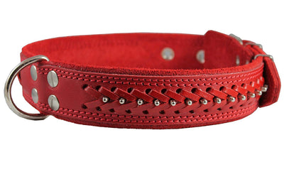 Genuine Leather Braided Studded Dog Collar, Red 1.6