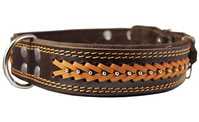 Genuine Leather Braided Studded Dog Collar, Brown 1.75