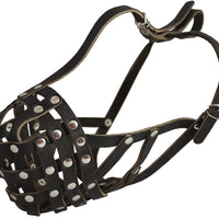 Secure Leather Mesh Basket Dog Muzzle - Boxer, English Bulldog (Circumference 14", Snout Length 3")