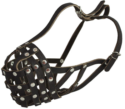 Secure Leather Mesh Basket Dog Muzzle - Boxer, English Bulldog (Circumference 14