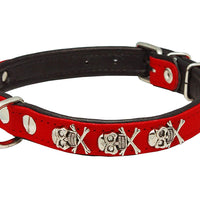 Real Leather Skull Studded Padded Dog Collar Red/Black