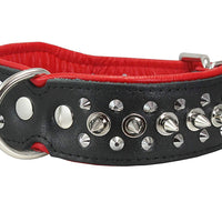 Dogs My love Spiked Studded Genuine Leather Dog Collar 1.75" Wide Black/Red