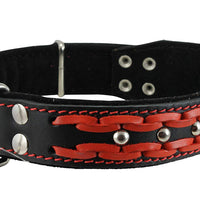 Genuine Leather Braided Studded Dog Collar, Red on Black 1.5" Wide. Fits 17"-22" Neck.