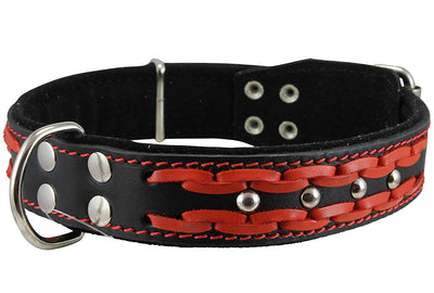 Genuine Leather Braided Studded Dog Collar, Red on Black 1.5