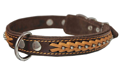 Genuine Leather Braided Studded Dog Collar, Brown 1