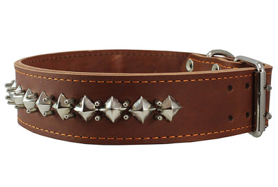 Thick Genuine Leather Spiked Studded Dog Collar Brown 18