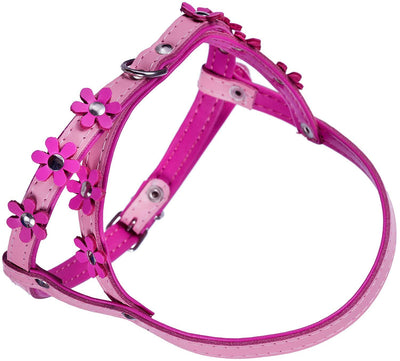 Genuine Leather Dog Harness Daisies for Toy and Small Breeds Padded Pink