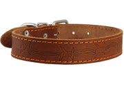 Genuine Leather Dog Collar Barb Wire Pattern Brown 4 Sizes