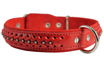 Genuine Leather Braided Studded Dog Collar, Red 1.25