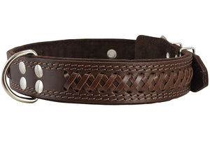 Genuine Leather Braided Dog Collar, Brown 1.6" Wide. Fits 19"-24" Neck.