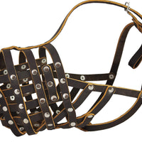 Real Leather Cage Basket Secure Dog Muzzle - Great Dane, Saint Bernard (Circumf 18.5", Snout 4.7")