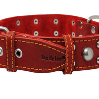 Red Real 1.5" Wide Thick Leather Studded Dog Collar. Fits 17"-21.5" Neck.