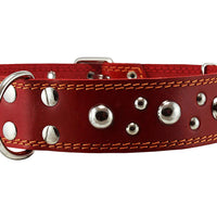 Genuine 1.75" Wide Thick Leather Studded Dog Collar Red. Fits 21.5"-26" Neck, XLarge Breeds