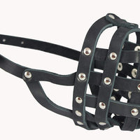 Genuine Leather Dog Basket Muzzle #108 Black - Bulldog, Boxer (Circumference 13", Snout Length 2.5")