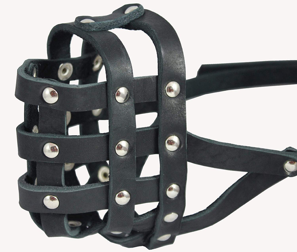 Genuine Leather Dog Basket Muzzle #108 Black - Bulldog, Boxer (Circumference 13", Snout Length 2.5")