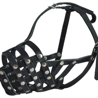 Secure Genuine Leather Mesh Dog Basket Muzzle - Pit Bull, (Circumference 12.5", Snout Length 3.5")