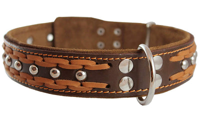 Genuine Leather Braided Studded Dog Collar, Brown 1.6
