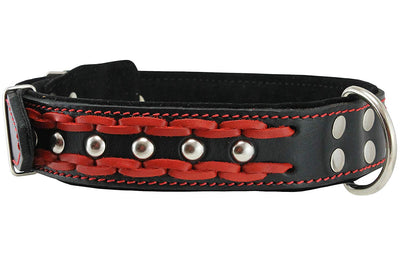 Genuine Leather Braided Studded Dog Collar, Red on Black 1.6