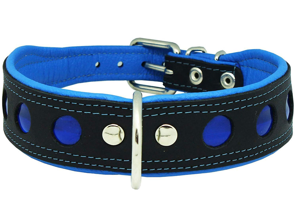 Real Leather Soft Leather Padded Dog Collar Reflective Black/Blue