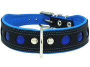 Real Leather Soft Leather Padded Dog Collar Reflective Black/Blue