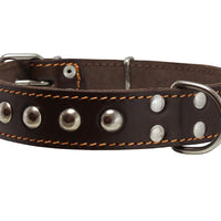 Genuine 1.25" Wide Thick Leather Studded Dog Collar. Fits 15"-20" Neck, Medium Breeds.
