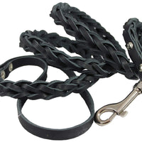 Black Genuine Leather Braided Dog Leash 45" Long 4-thong Square Braid for Medium Breeds