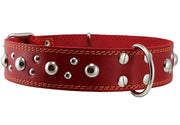 Genuine 1.75" Wide Thick Leather Studded Dog Collar Red. Fits 21.5"-26" Neck, XLarge Breeds