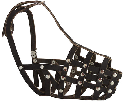 Secure Genuine Leather Mesh Dog Basket Muzzle - German Shepherd, Doberman (Circumf 12