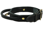 Genuine Leather Dog Collar, Rolled Leather Handle Black