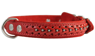 Genuine Leather Braided Studded Dog Collar Red 1