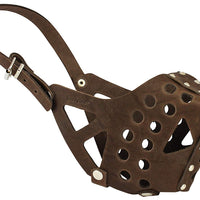 Real Leather Cage Basket Dog Muzzle - Pit Bull Brown (Circumference 13", Snout Length 3.5")