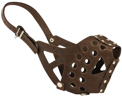 Real Leather Cage Basket Dog Muzzle - Pit Bull Brown (Circumference 13