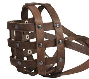 Real Leather Dog Basket Muzzle #112 Brown (Circumference 13", Snout 3") English Bulldog, Boxer