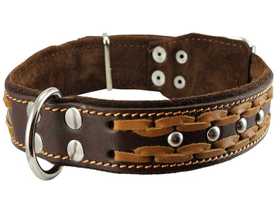 Genuine Leather Braided Studded Dog Collar, Brown 1.5
