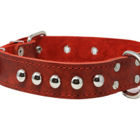 Genuine 1.25" Wide Thick Leather Studded Dog Red Collar. Fits 15"-20" Neck, Medium Breeds.