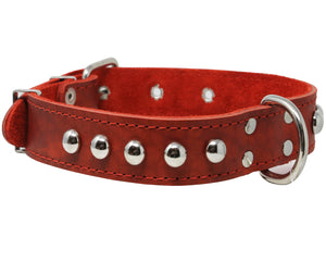 Genuine 1.25" Wide Thick Leather Studded Dog Red Collar. Fits 15"-20" Neck, Medium Breeds.
