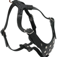 Black Genuine Leather Rhinestones Dog Harness for Small Dogs 13"-17.5" Chest