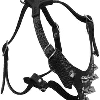Black Genuine Leather Spiked Dog Harness for Small Dogs 13"-17.5" Chest