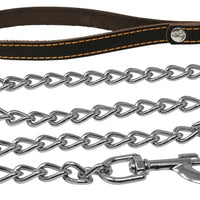 4' Long Metal Chain Leash Brown Stitched Genuine Leather Handle 5 Sizes