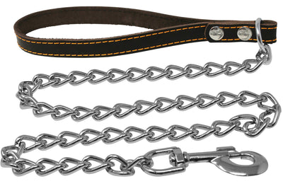 4' Long Metal Chain Leash Brown Stitched Genuine Leather Handle 5 Sizes